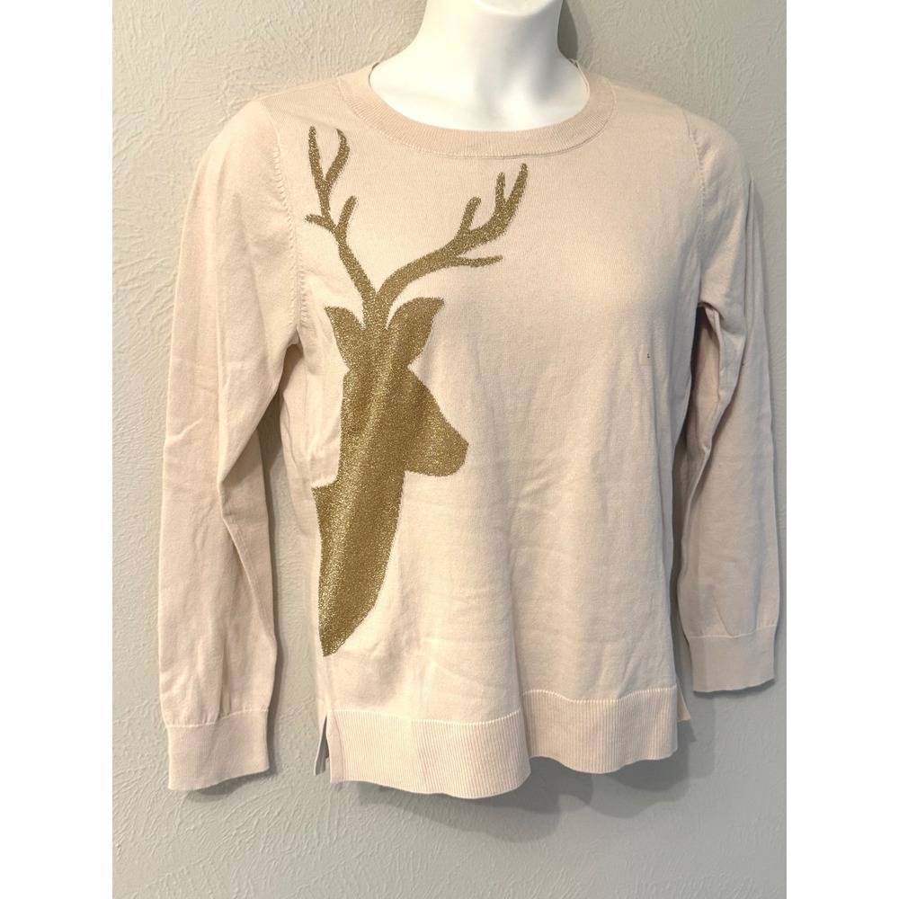 NWT Loft Womens Gold Glitter Reindeer Sweater Cream Crew Neck L Holiday
